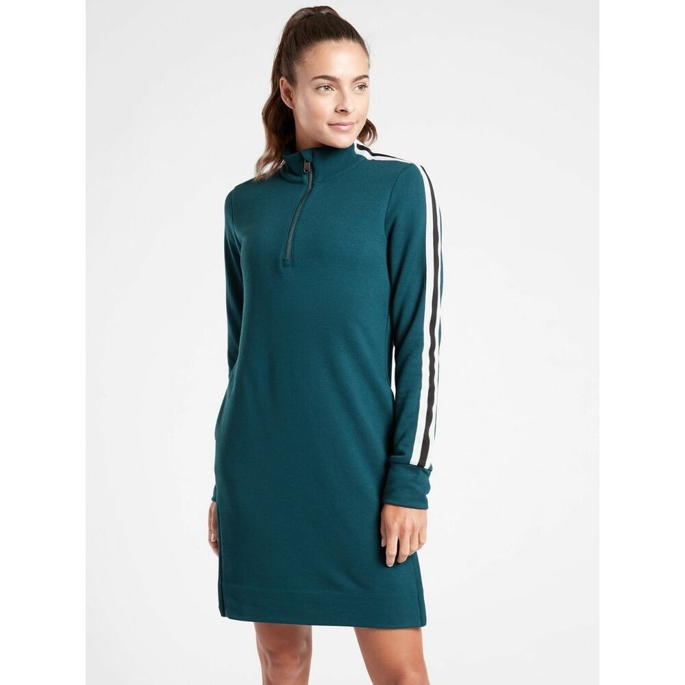 Athleta Crosstown Track Dress Size XS Oceanic Teal Athleisure Stripe Long Sleeve